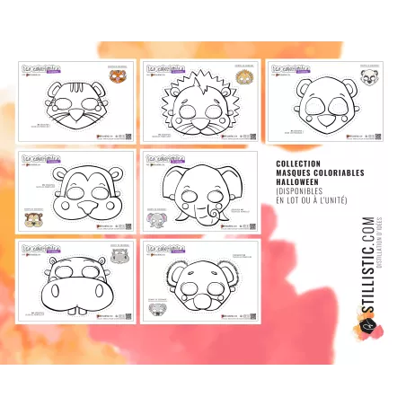 Lot 7 Masques enfant Animaux Carnaval Anniversaire à imprimer et colorier