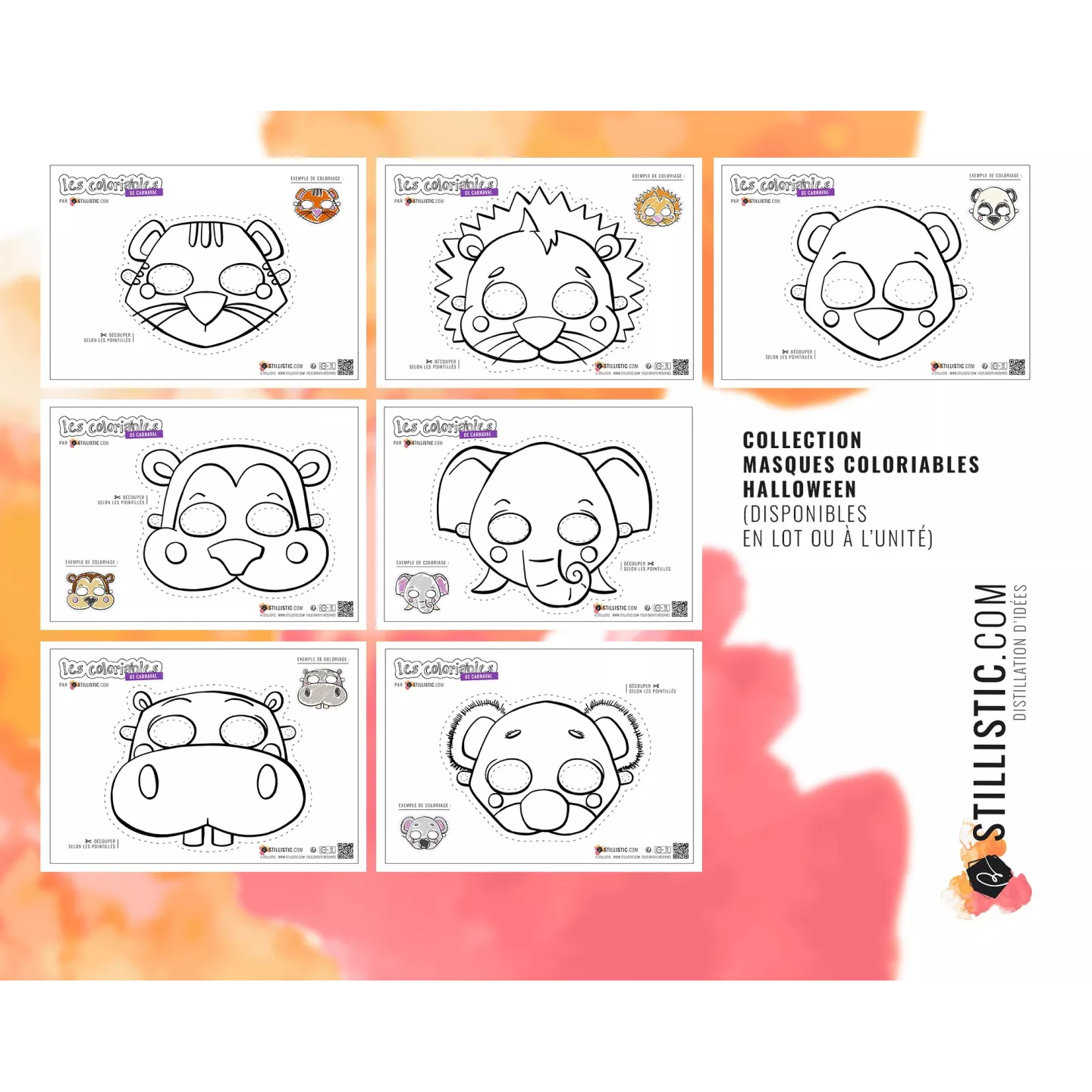 Lot 7 Masques enfant Animaux Carnaval Anniversaire à imprimer et colorier