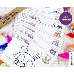 Lot 7 Masques enfant Loup Chat Chien Renard Lapin Hibou Raton-Laveur à imprimer et colorier
