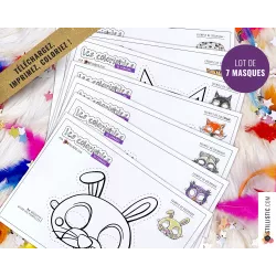 Lot 7 Masques enfant Loup Chat Chien Renard Lapin Hibou Raton-Laveur à imprimer et colorier
