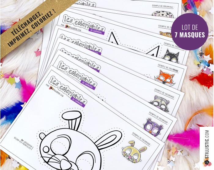 Lot 7 Masques enfant Loup Chat Chien Renard Lapin Hibou Raton-Laveur à imprimer et colorier