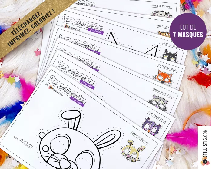 Lot 7 Masques enfant Loup Chat Chien Renard Lapin Hibou Raton-Laveur à imprimer et colorier