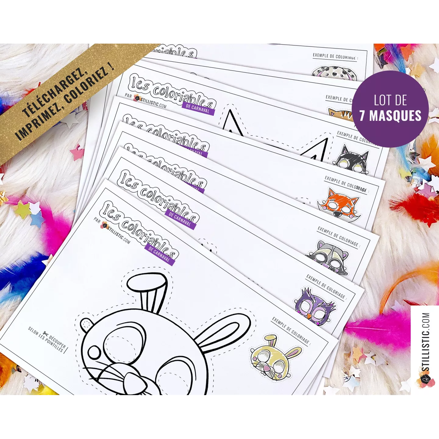 Lot 7 Masques enfant Loup Chat Chien Renard Lapin Hibou Raton-Laveur à imprimer et colorier