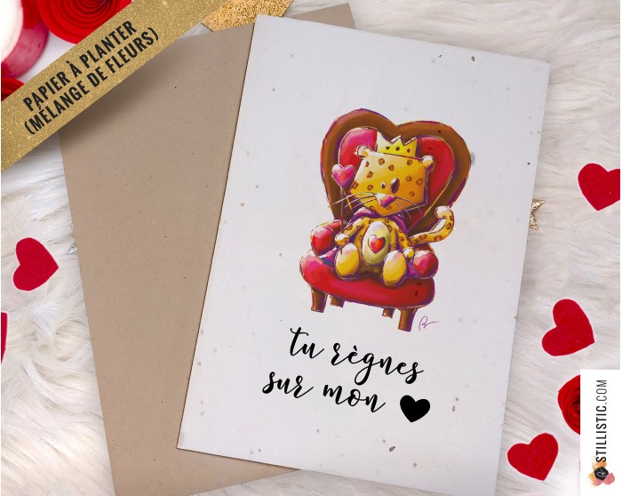 Carte de voeux Saint-Valentin à planter Léopard Roi des Coeurs + enveloppe
