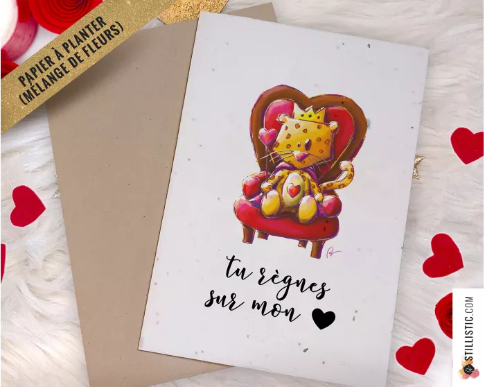 Carte de voeux Saint-Valentin à planter Léopard Roi des Coeurs + enveloppe