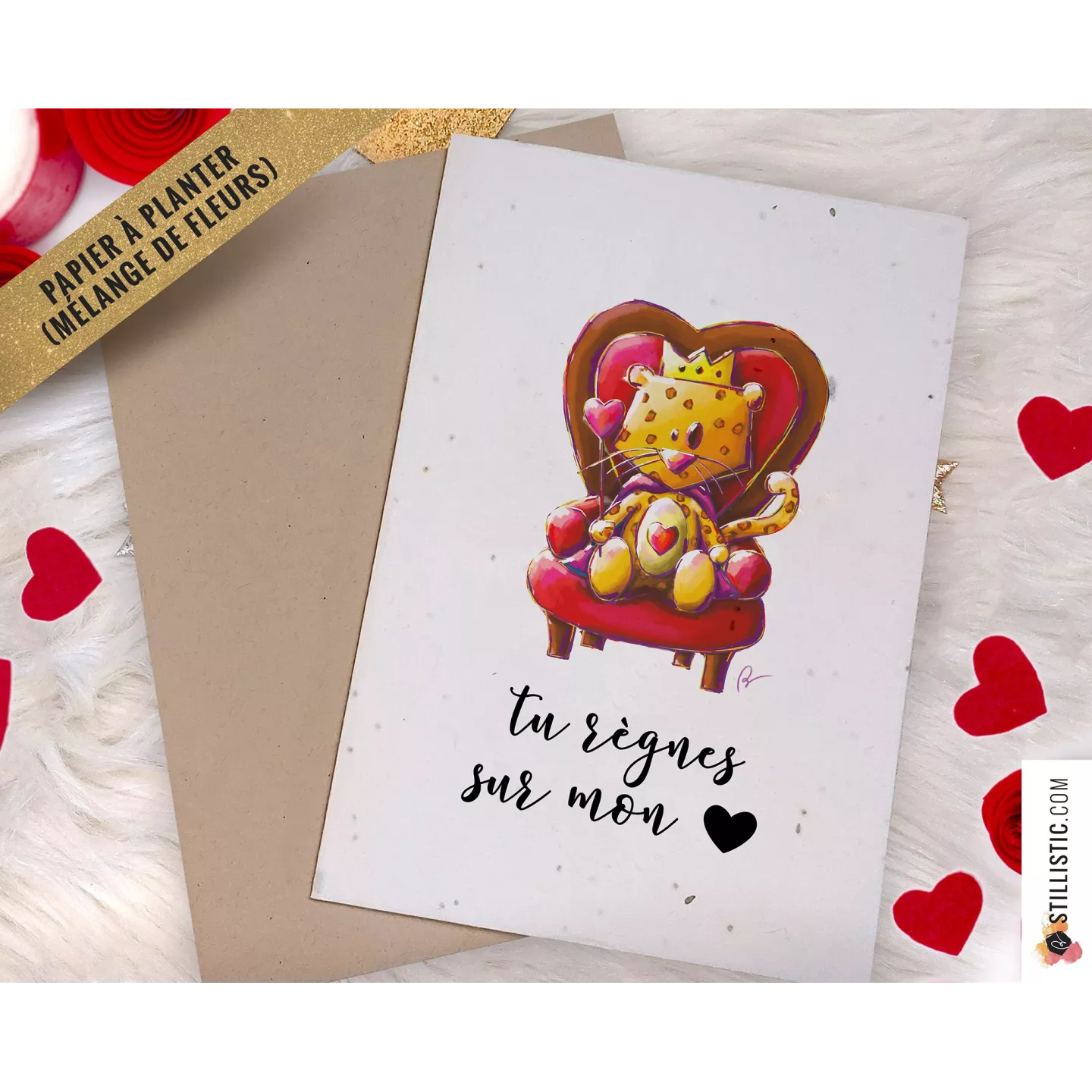 Carte de voeux Saint-Valentin à planter Léopard Roi des Coeurs + enveloppe