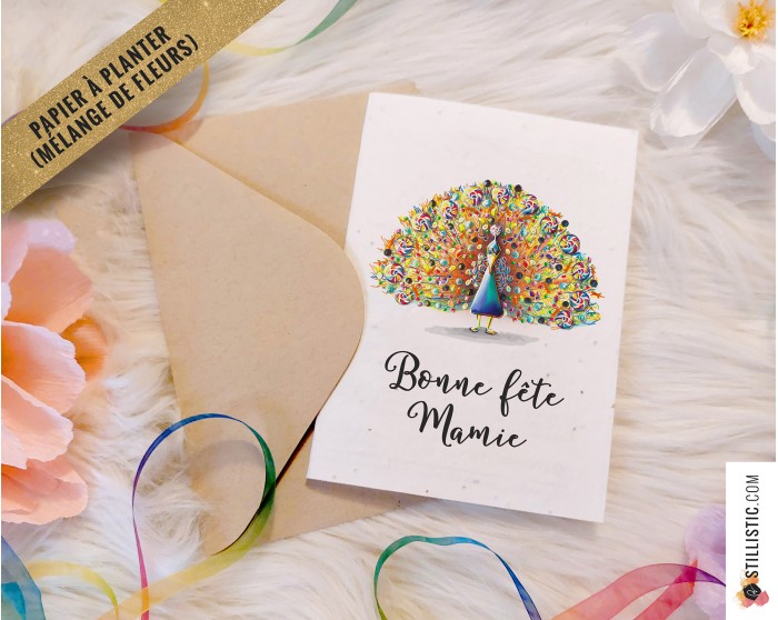 Carte de voeux à planter Paon bonbons + enveloppe Message personnalisable fête grands-mères