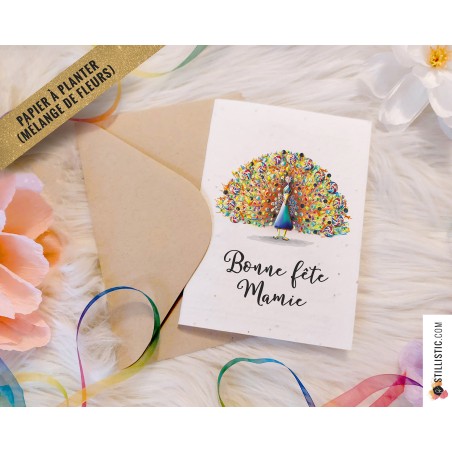 Carte de voeux à planter Paon bonbons + enveloppe Message personnalisable fête grands-mères