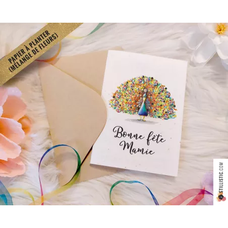 Carte de voeux à planter Paon bonbons + enveloppe Message personnalisable fête grands-mères
