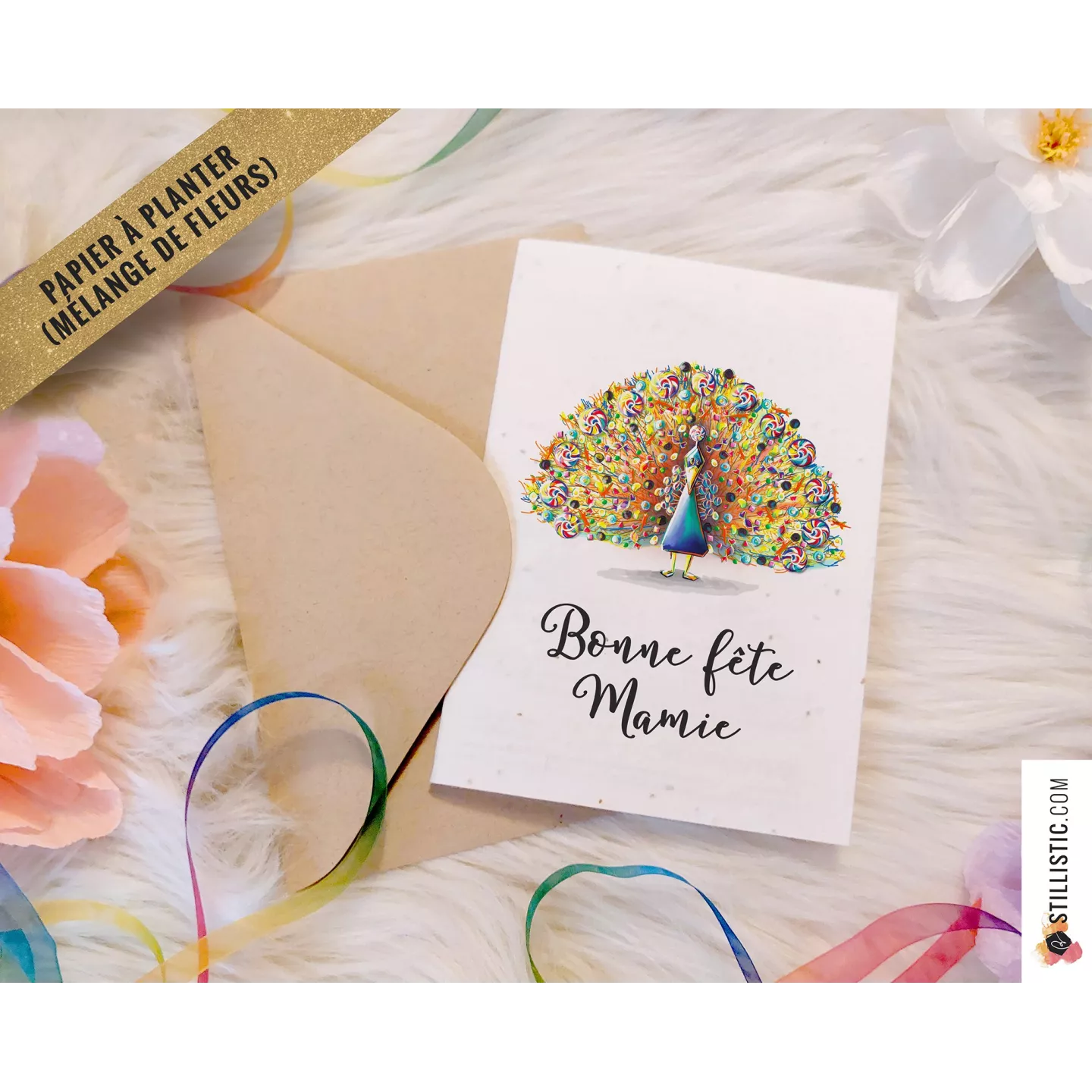 Carte de voeux à planter Paon bonbons + enveloppe Message personnalisable fête grands-mères