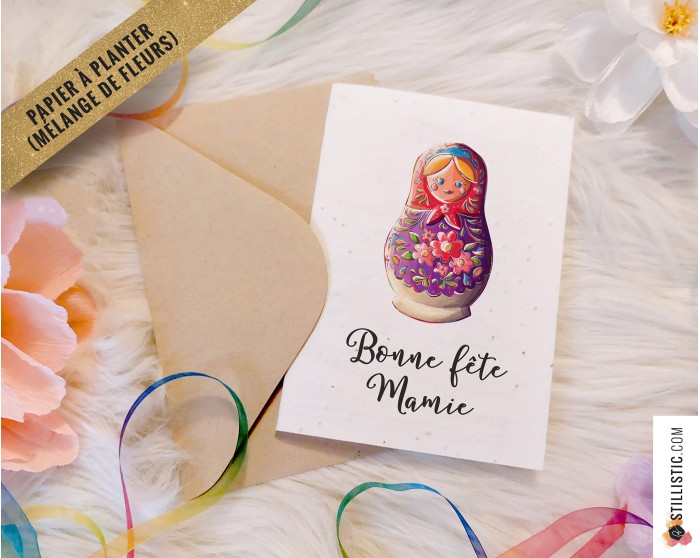 Carte de voeux à planter Poupée russe Fête des mères, pères, mamies, papis, Anniversaires, Remerciements de fin d'année Maîtress