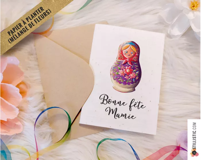 Carte de voeux à planter Poupée russe Fête des mères, pères, mamies, papis, Anniversaires, Remerciements de fin d'année Maîtress