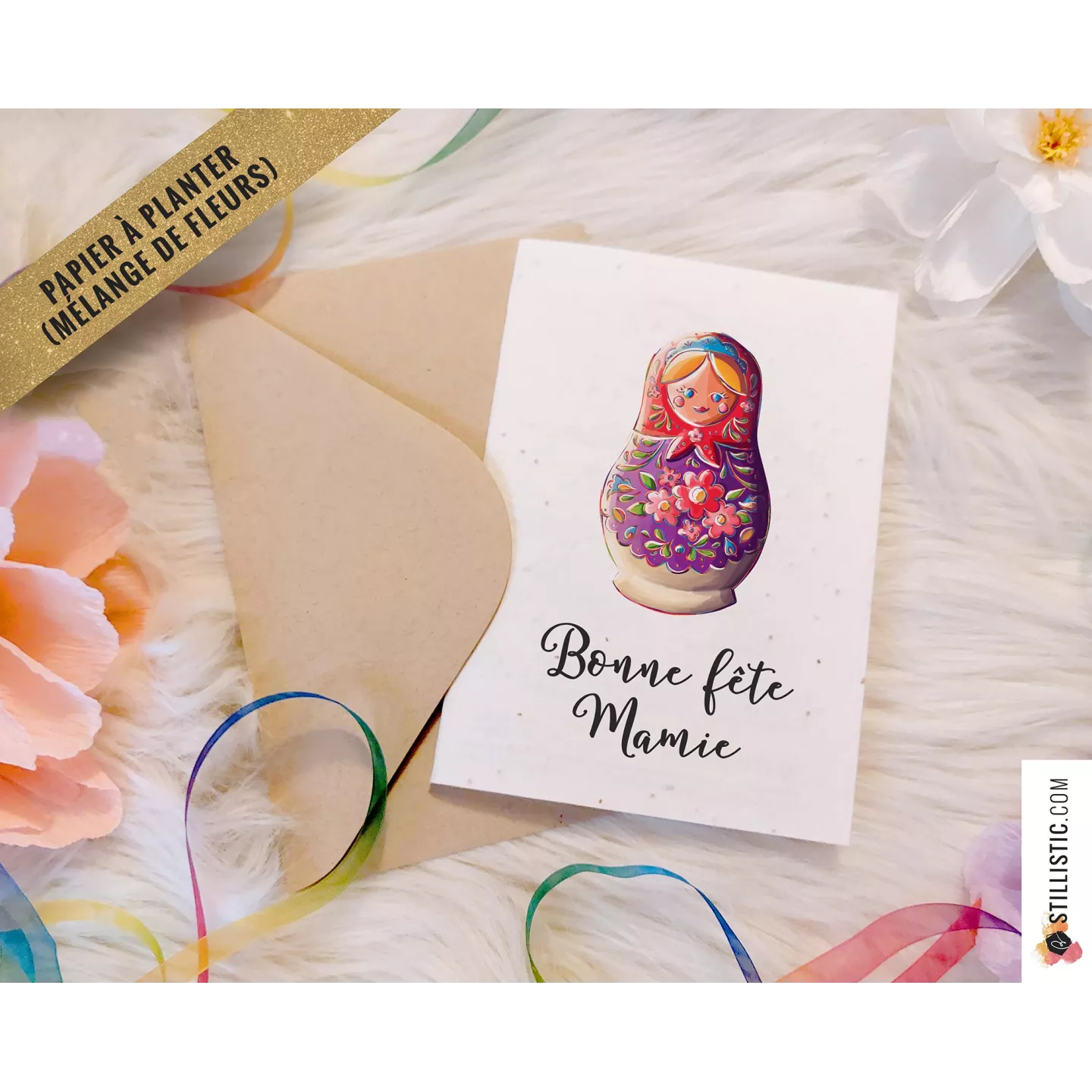 Carte de voeux à planter Poupée russe Fête des mères, pères, mamies, papis, Anniversaires, Remerciements de fin d'année Maîtress