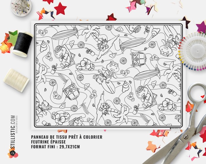 Coupon tissu Set de table Motif Hippo Surf coloriable