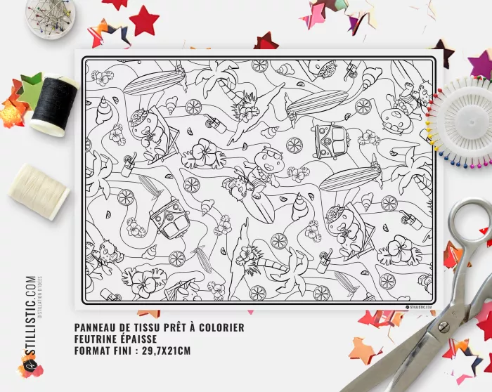 Coupon tissu Set de table Motif Hippo Surf coloriable