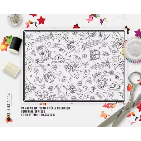 Coupon tissu Set de table Motif Hippo Surf coloriable