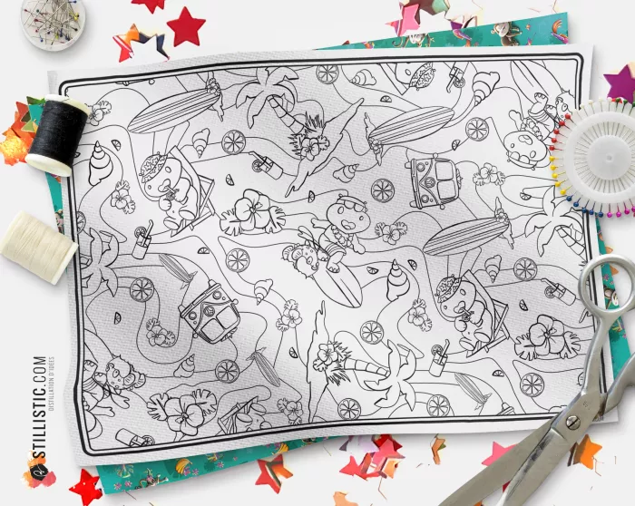 Coupon tissu Set de table Motif Hippo Surf coloriable