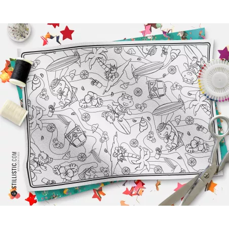 Coupon tissu Set de table Motif Hippo Surf coloriable