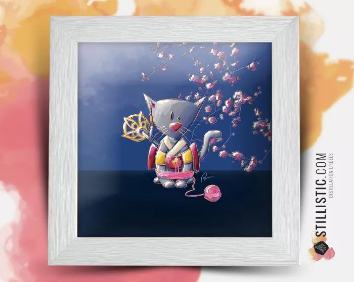 Cadre carré avec Illustration Chaton Geisha Japonais pour Chambre Enfant bébé 25x25cm