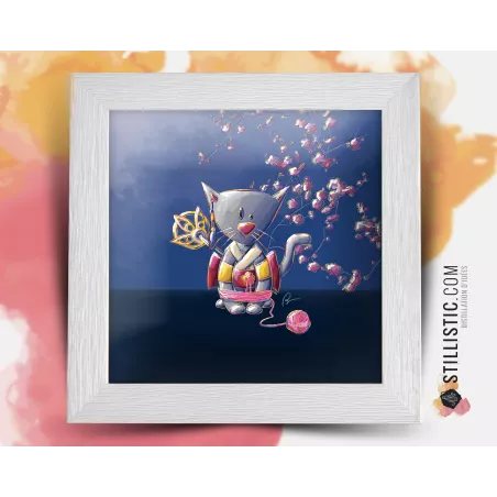 Cadre carré avec Illustration Chaton Geisha Japonais pour Chambre Enfant bébé 25x25cm