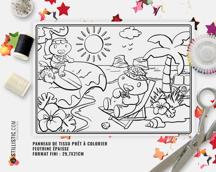 Coupon tissu Set de table Hippo Surf coloriable