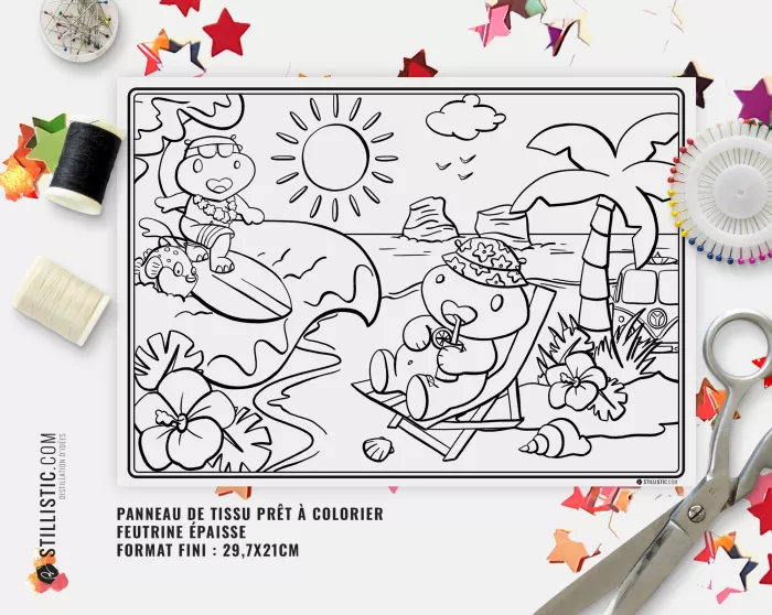 Coupon tissu Set de table Hippo Surf coloriable