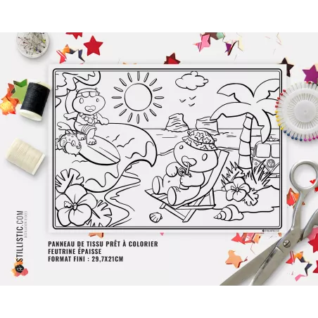 Coupon tissu Set de table Hippo Surf coloriable