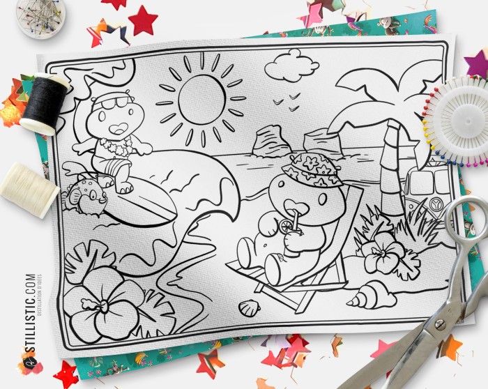 Coupon tissu Set de table Hippo Surf coloriable