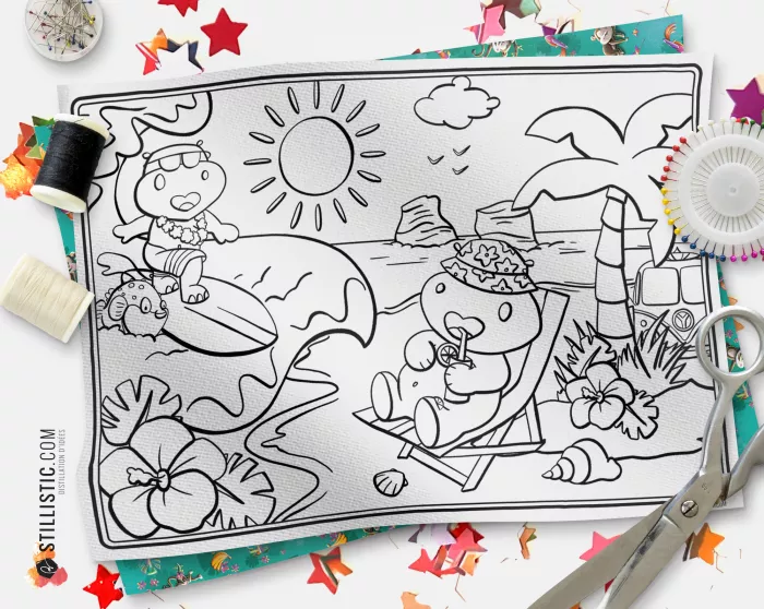 Coupon tissu Set de table Hippo Surf coloriable