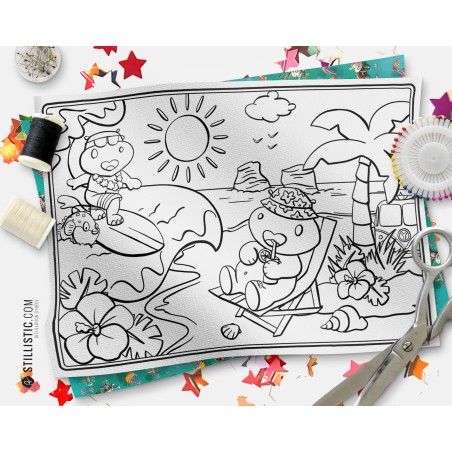 Coupon tissu Set de table Hippo Surf coloriable