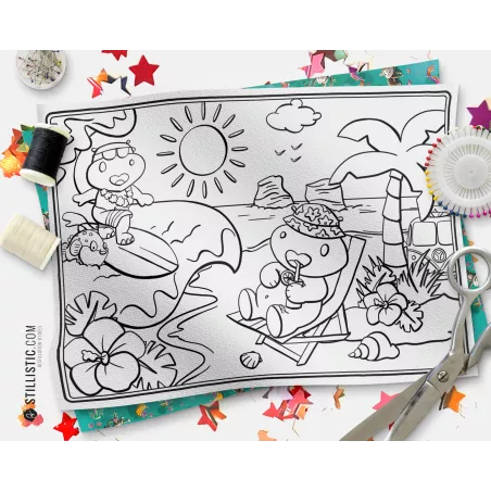 Coupon tissu Set de table Hippo Surf coloriable