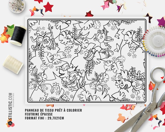 Coupon tissu Set de table Motif Singes émotions coloriable