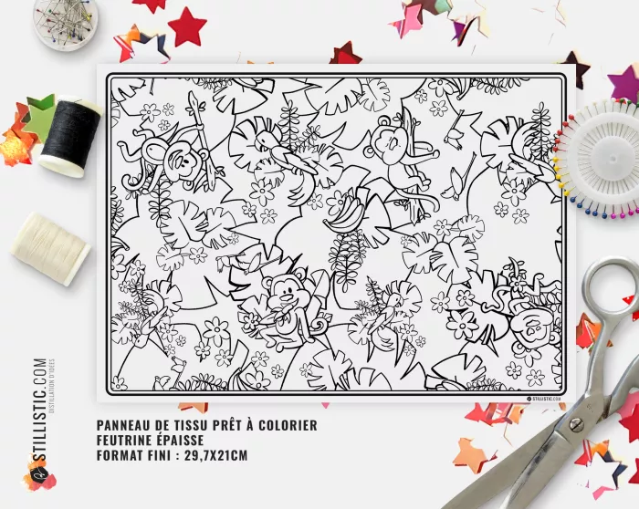 Coupon tissu Set de table Motif Singes émotions coloriable