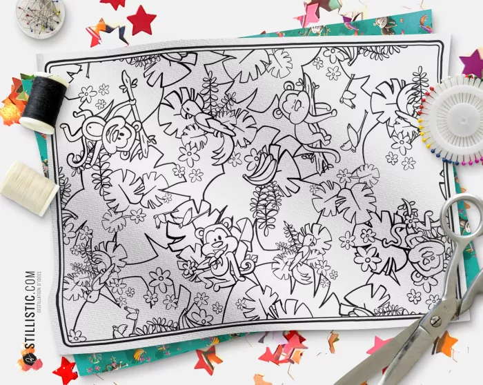 Coupon tissu Set de table Motif Singes émotions coloriable