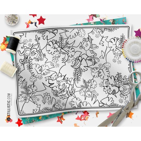 Coupon tissu Set de table Motif Singes émotions coloriable