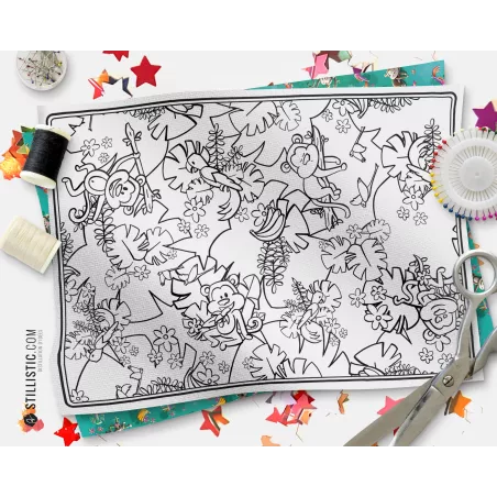 Coupon tissu Set de table Motif Singes émotions coloriable