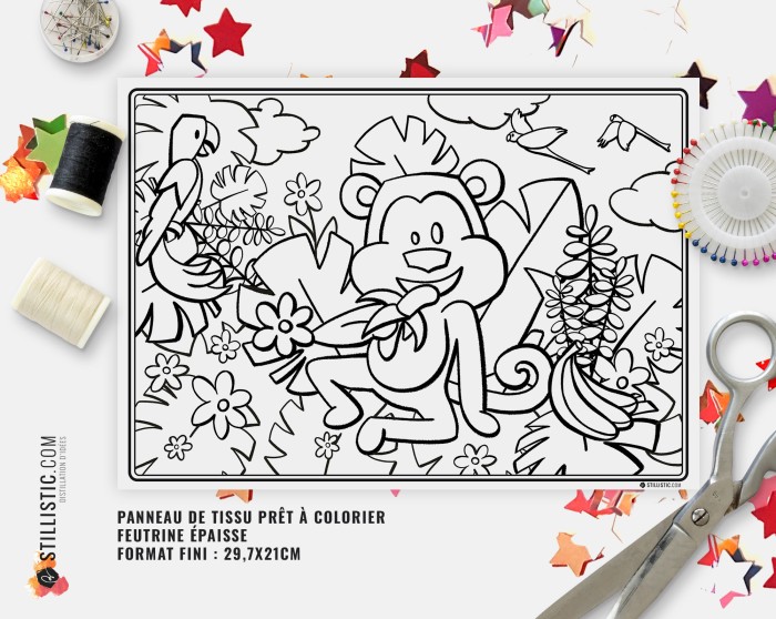 Coupon tissu Set de table Singes émotions coloriable