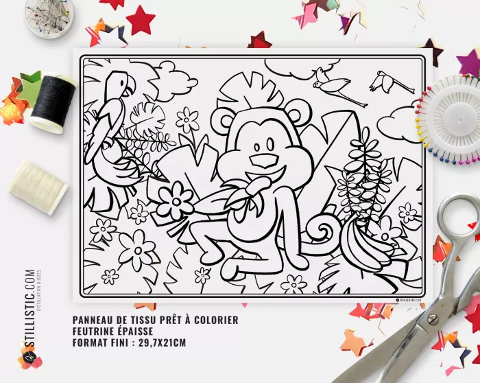 Coupon tissu Set de table Singes émotions coloriable