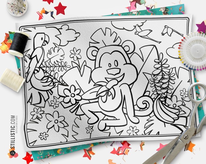 Coupon tissu Set de table Singes émotions coloriable