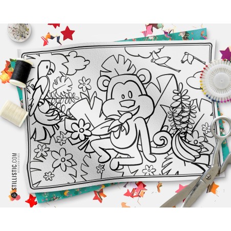 Coupon tissu Set de table Singes émotions coloriable