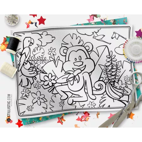 Coupon tissu Set de table Singes émotions coloriable