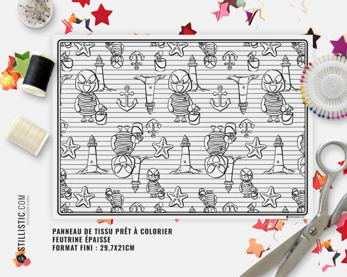 Coupon tissu Set de table Motif Macareux Marin coloriable