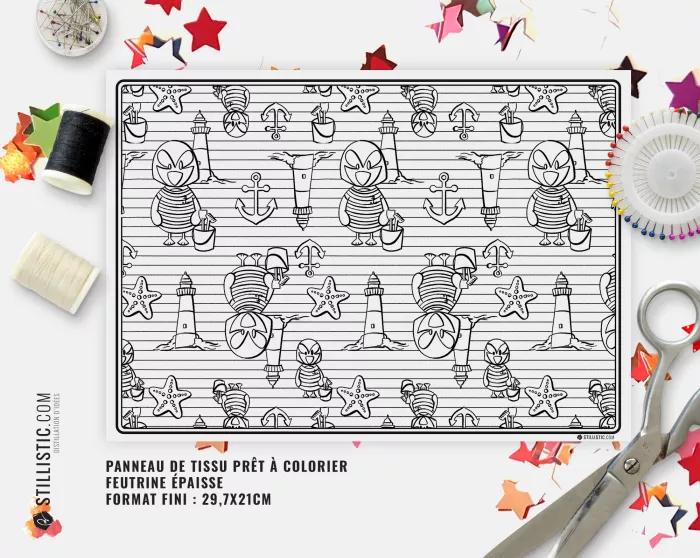 Coupon tissu Set de table Motif Macareux Marin coloriable