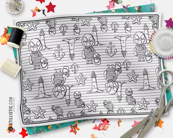 Coupon tissu Set de table Motif Macareux Marin coloriable