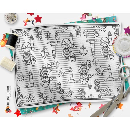 Coupon tissu Set de table Motif Macareux Marin coloriable