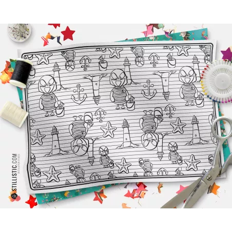 Coupon tissu Set de table Motif Macareux Marin coloriable