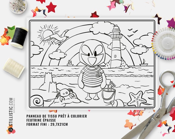 Coupon tissu Set de table Macareux Marin coloriable