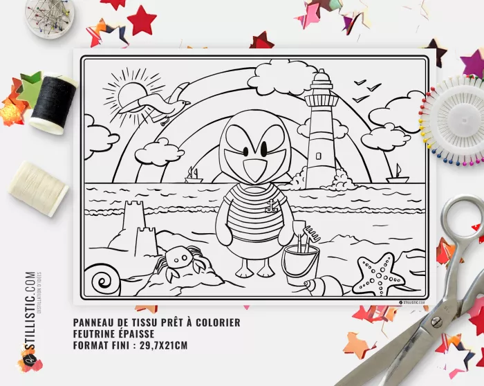 Coupon tissu Set de table Macareux Marin coloriable