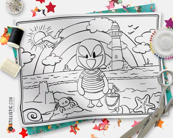 Coupon tissu Set de table Macareux Marin coloriable