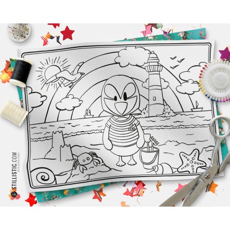 Coupon tissu Set de table Macareux Marin coloriable